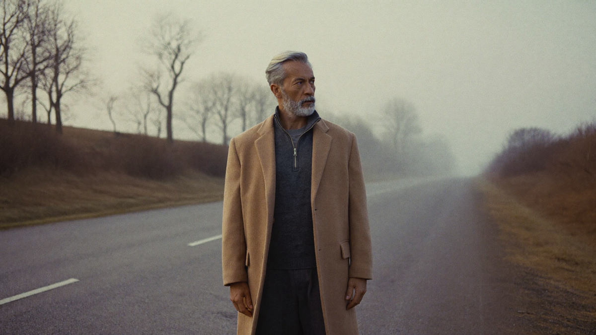Man in a camel wool overcoat on a misty autumn road