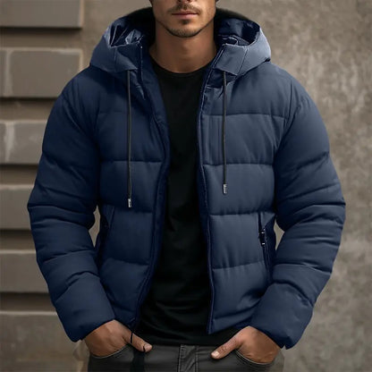Men's waterproof insulated puffer jacket in dark blue — detail view