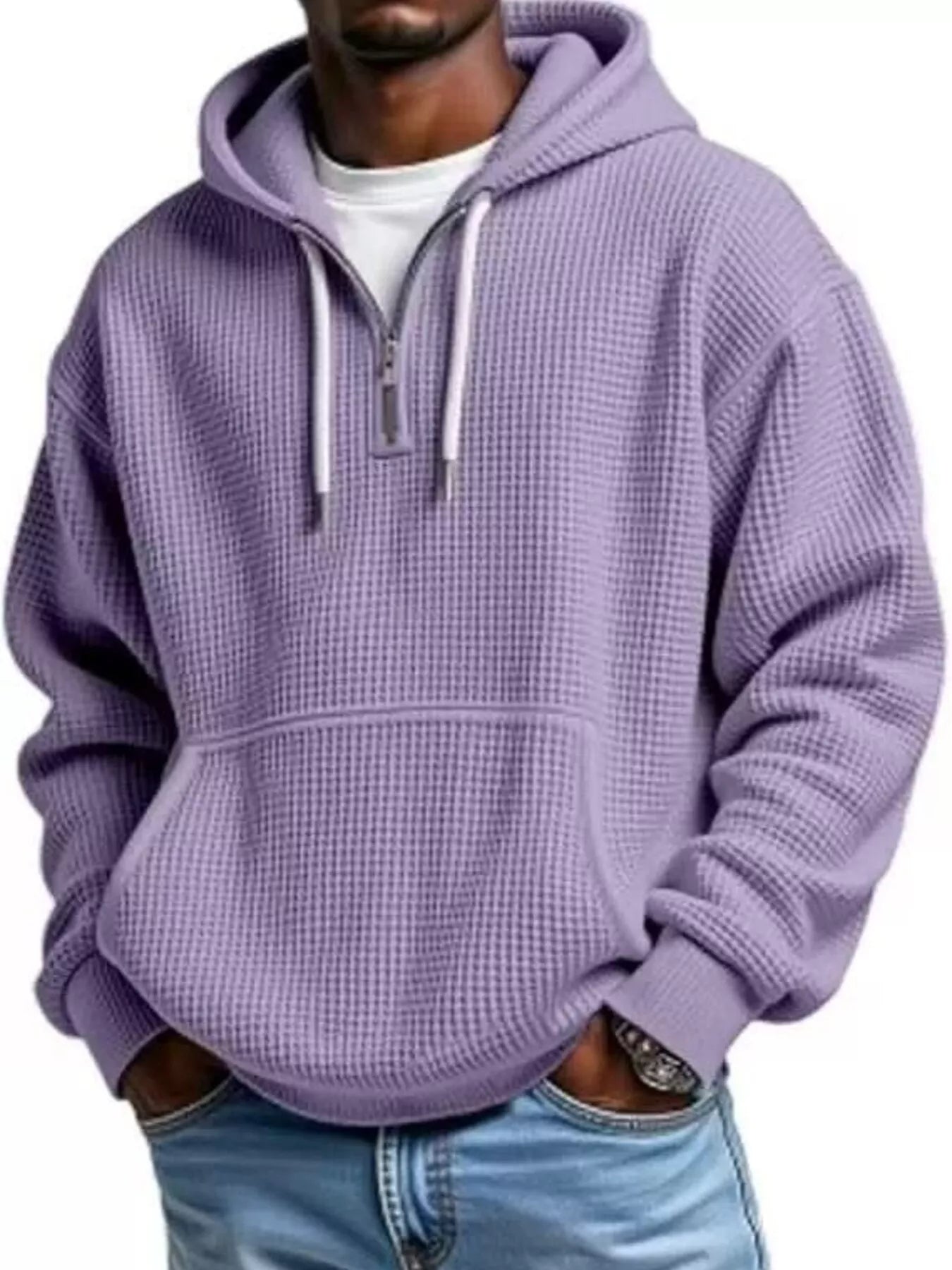 Men's half-zip waffle-knit hoodie in lilac — additional view