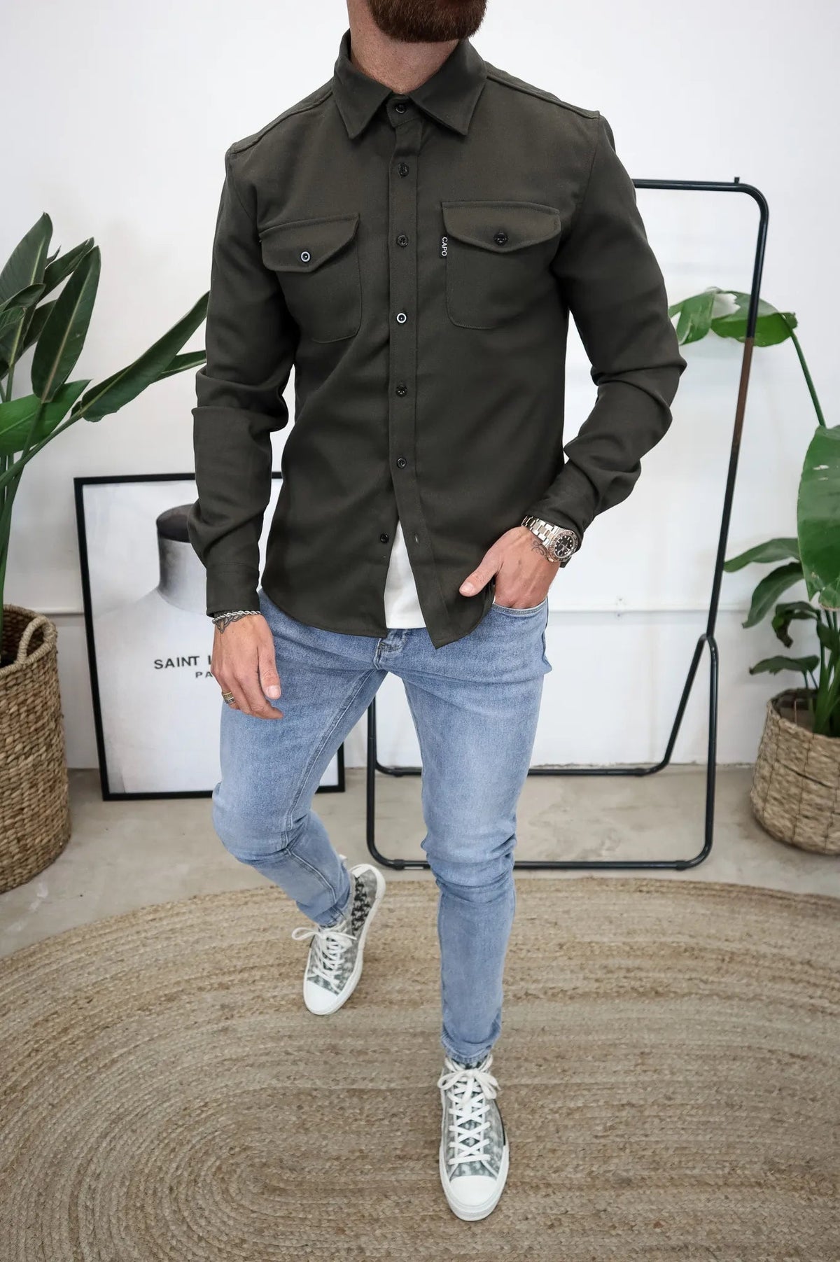 Men's chest pocket overshirt jacket in green — additional view