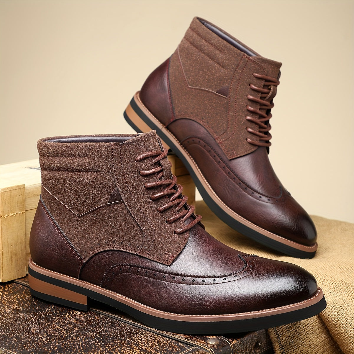 Men's classic wingtip leather boots in brown — alternate view