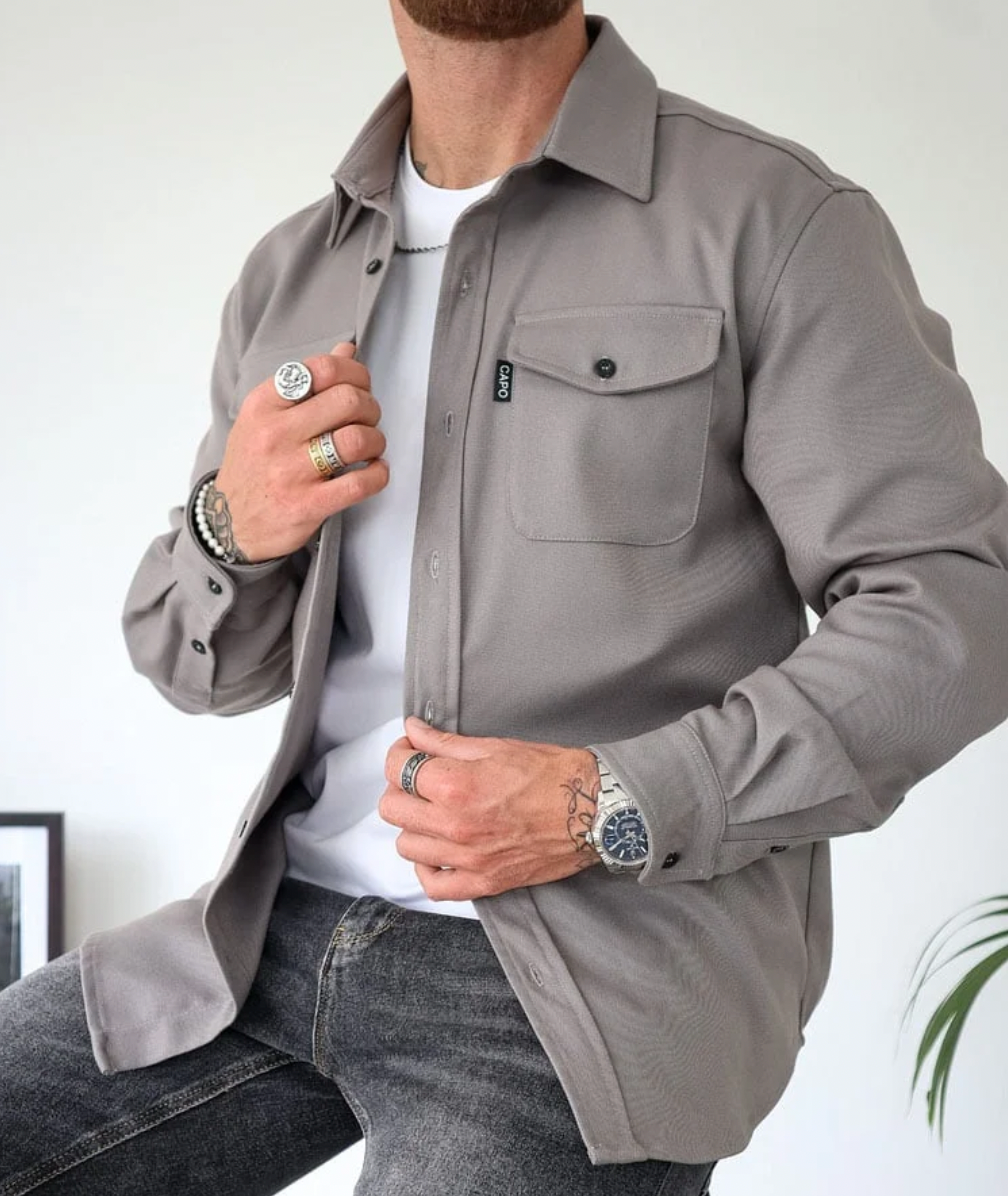 Men's chest pocket button shirt jacket in grey — additional view