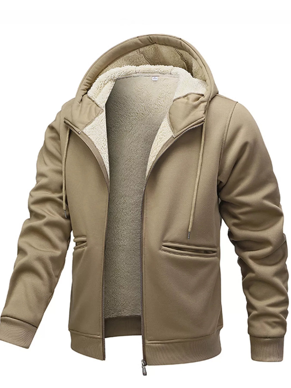 Men's zip-up fleece-lined hoodie in khaki — additional view