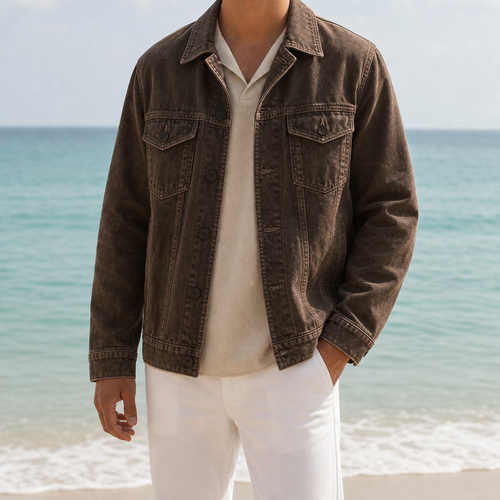 Men's washed denim work jacket in coffee — alternate view