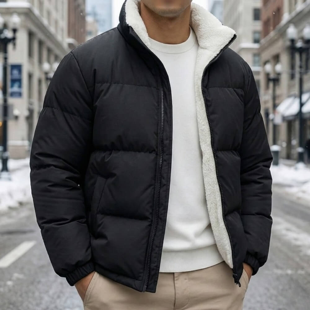 Men's relaxed zip-up down jacket in black — additional view