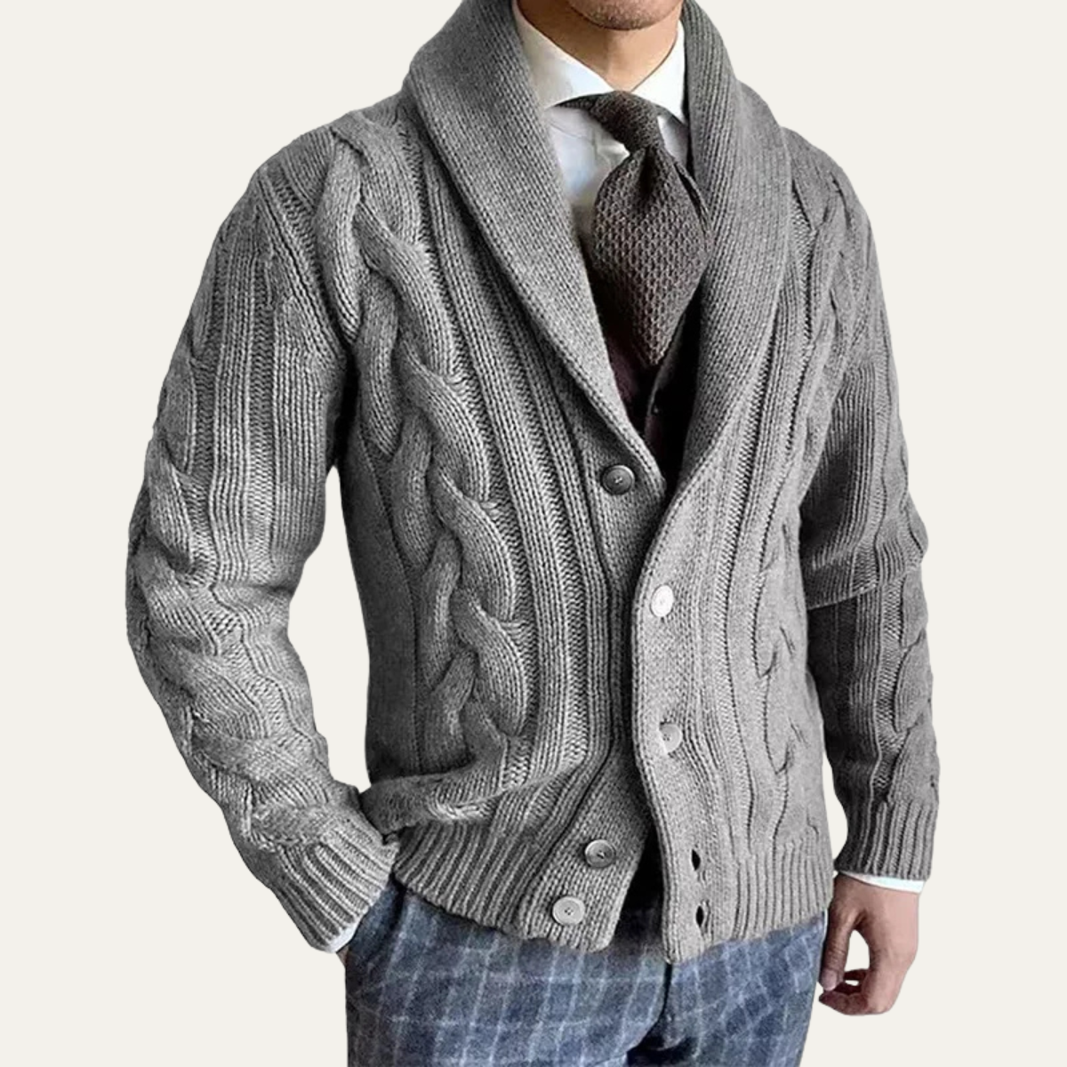 Men's chunky cable cardigan in grey — alternate view