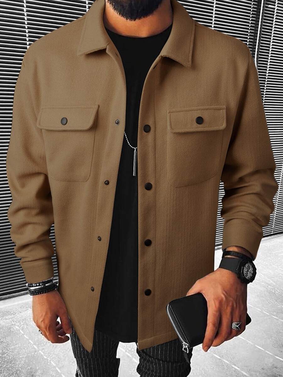 Men's single-breasted long sleeve shacket in camel — additional view