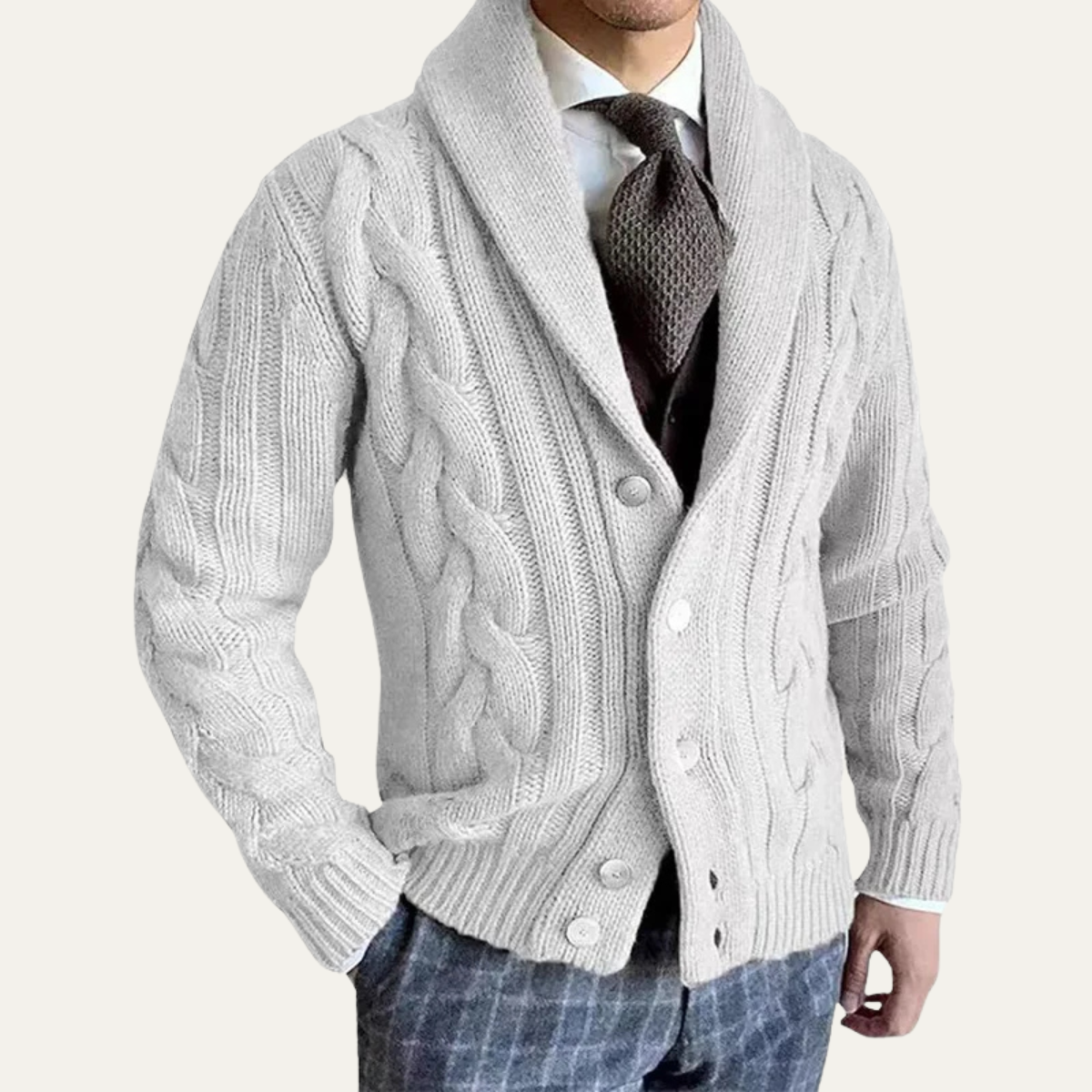 Men's chunky cable cardigan in white