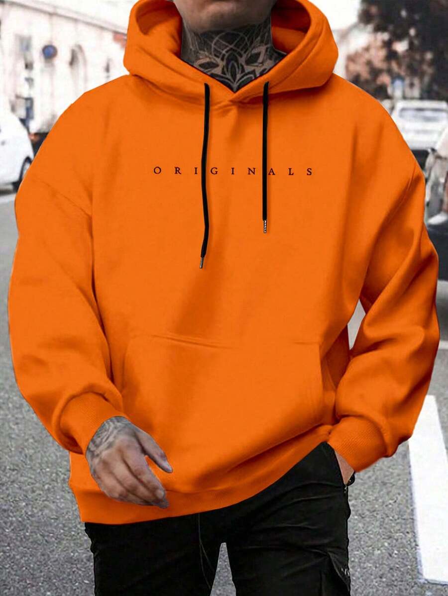 Men's hooded drawstring sweatshirt in orange — additional view
