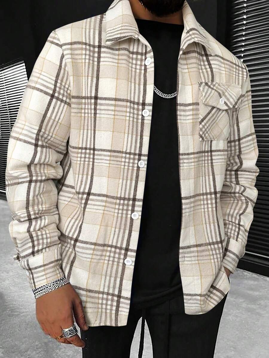 Men's checked long sleeve shacket in multicolor