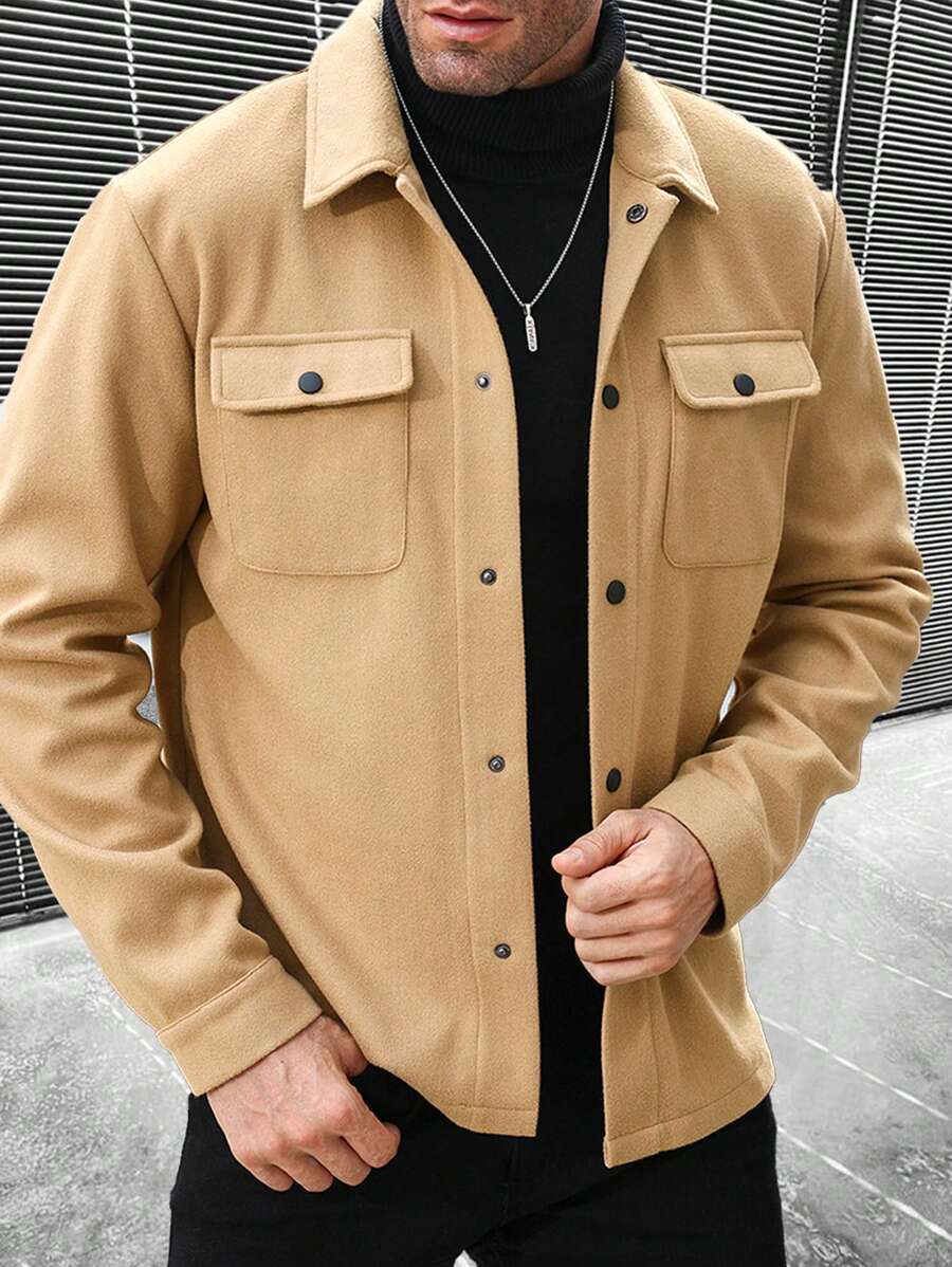 Men's single-breasted long sleeve shacket in khaki — additional view