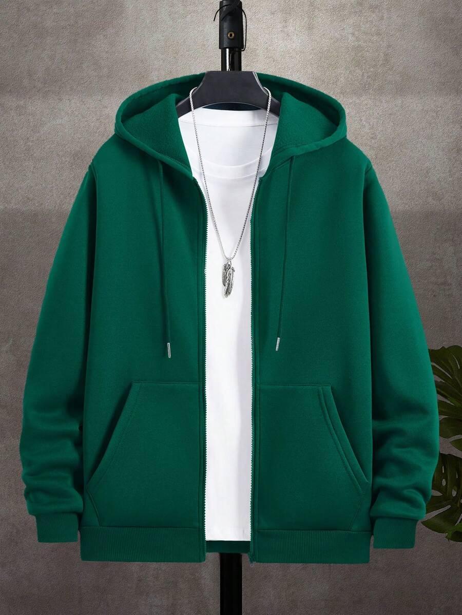 Men's zip-up hooded sweatshirt in dark green — additional view
