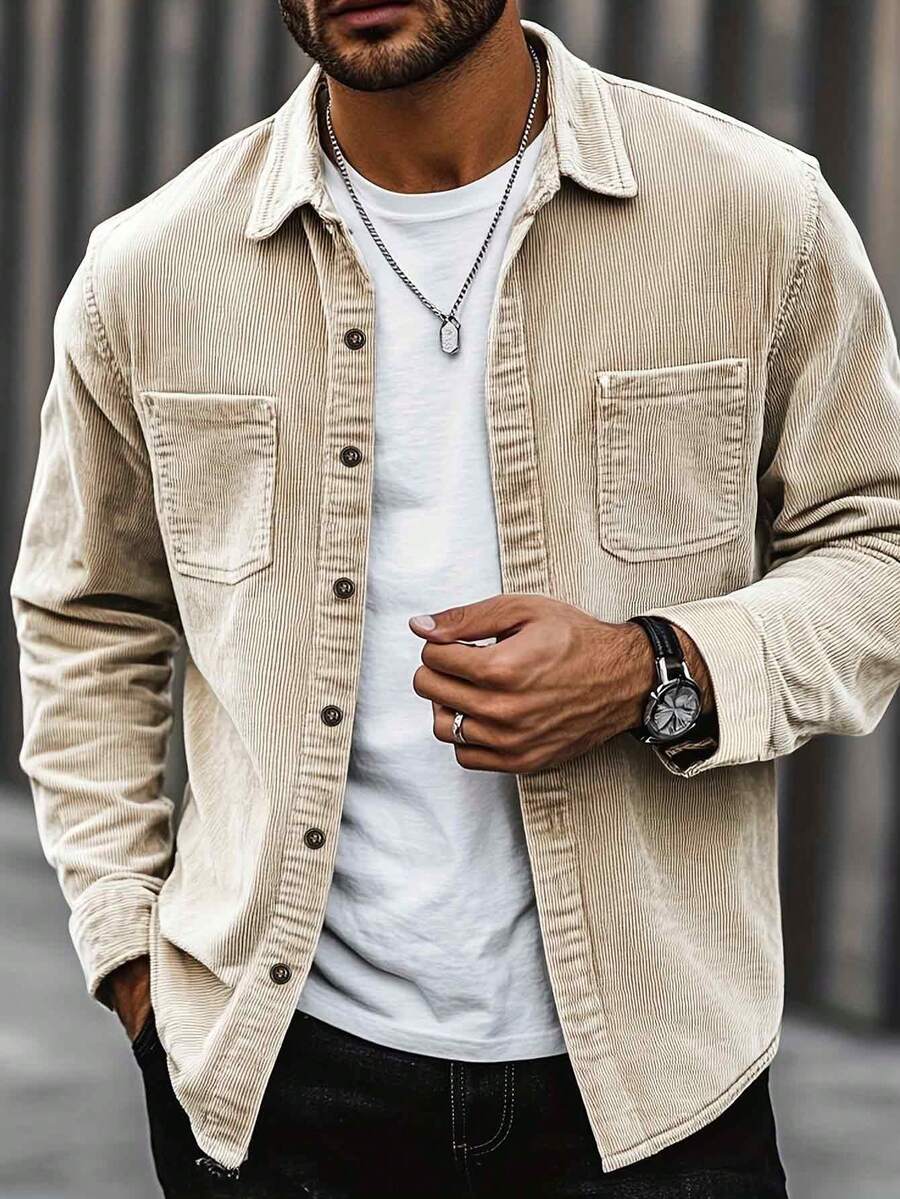Men's corduroy button-up shacket in khaki — additional view