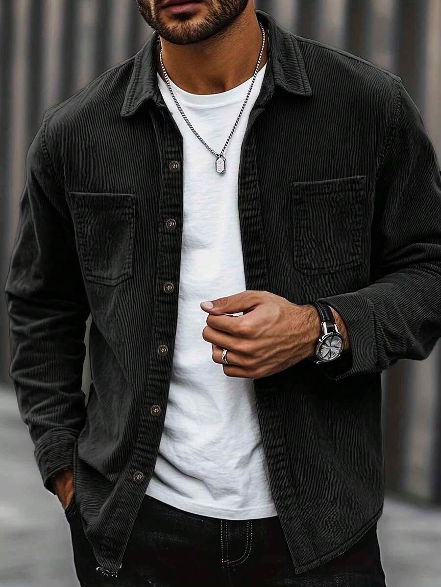 Men's corduroy button-up shacket in black — additional view