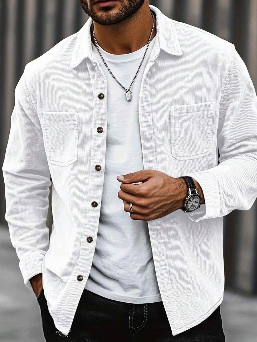 Men's corduroy button-up shacket in white — additional view