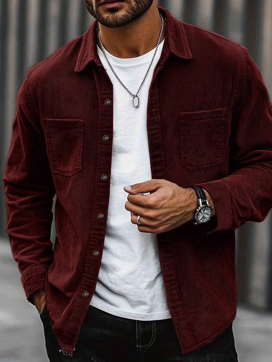 Men's corduroy button-up shacket in red — additional view