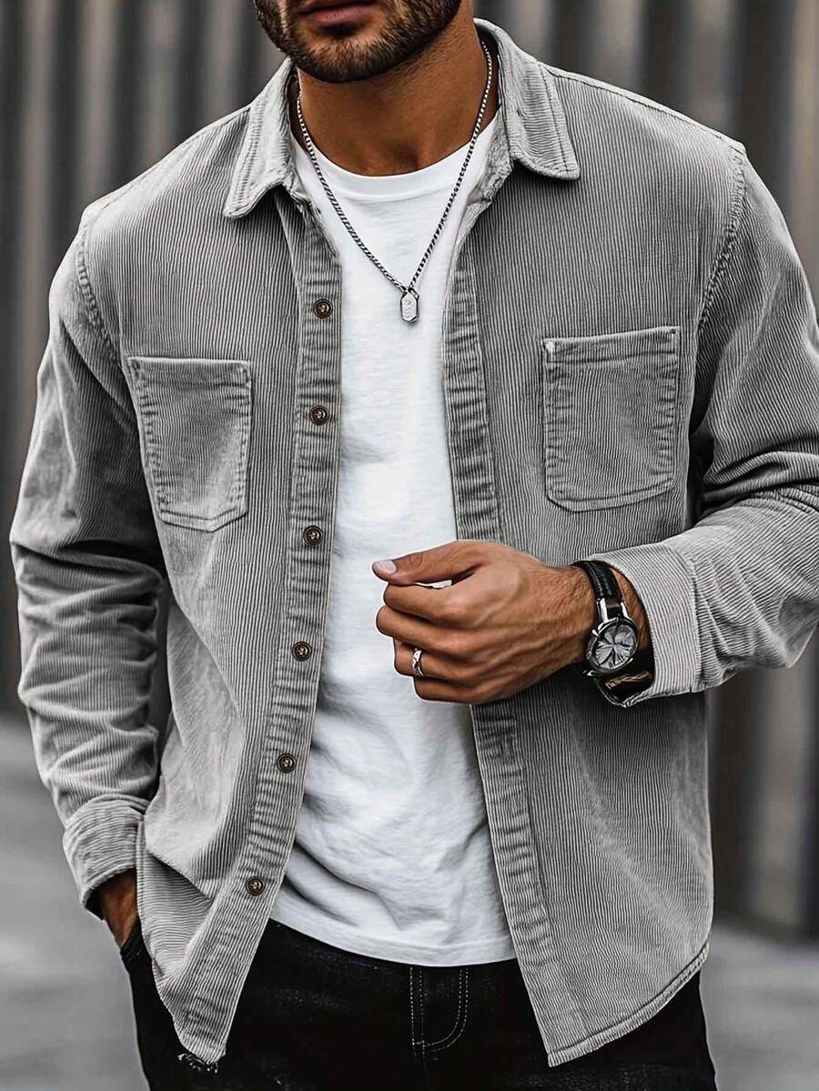 Men's corduroy button-up shacket in grey