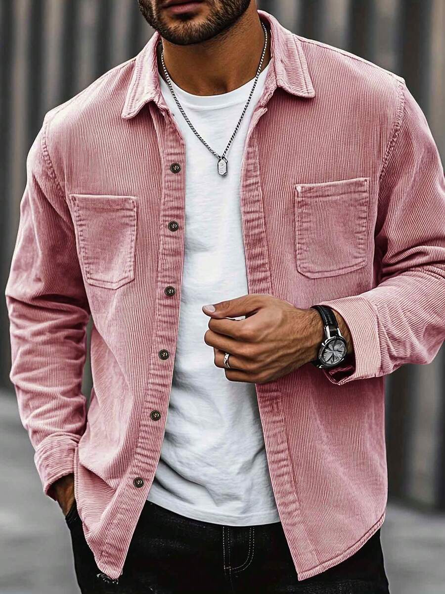 Men's corduroy button-up shacket in pink — additional view