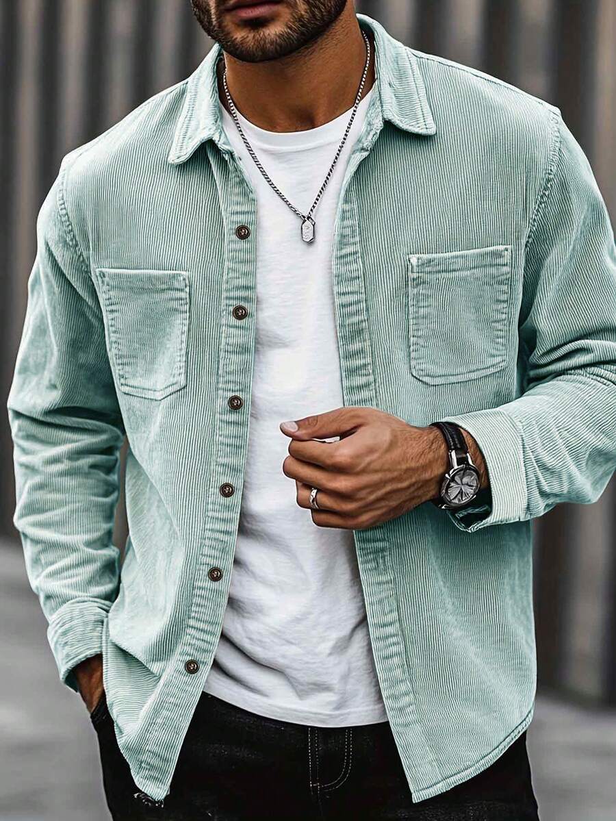 Men's corduroy button-up shacket in mint green — additional view