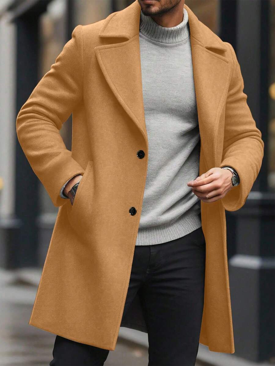 Men's button-up wool winter coat in brown — additional view