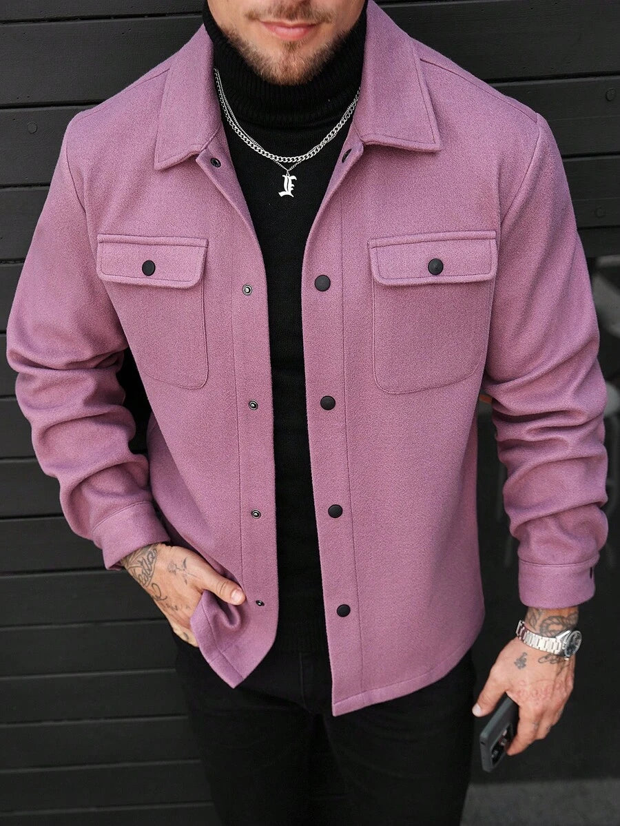 Men's single-breasted long sleeve shacket in purple — additional view