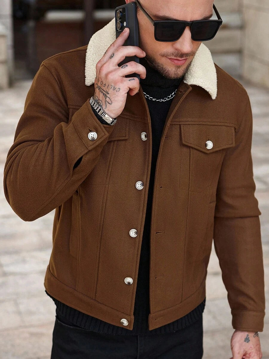 Men's teddy fleece cropped coat in brown