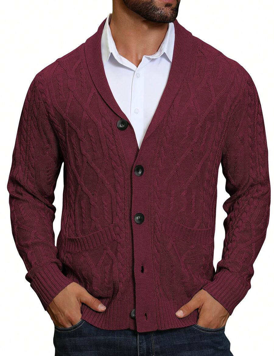 Men's shawl collar slim-fit cardigan in burgundy — additional view