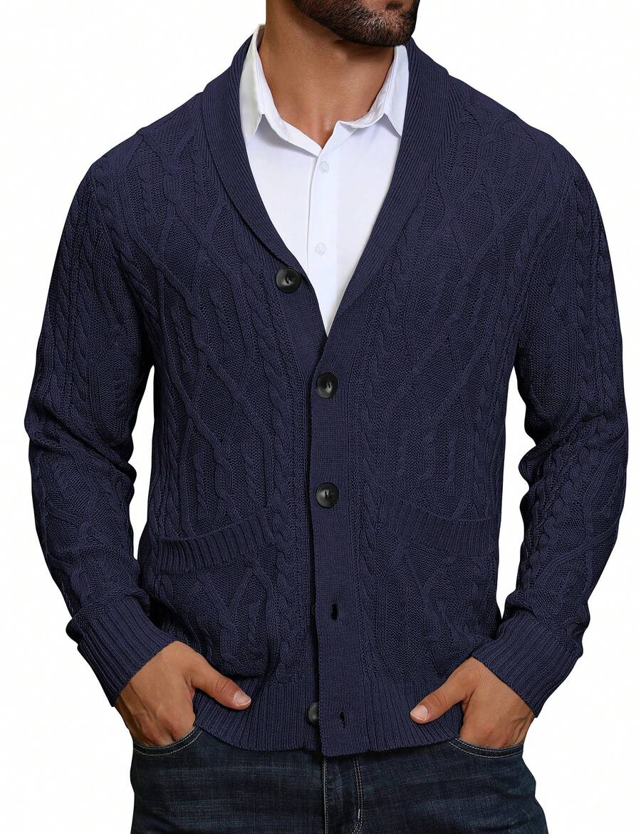 Men's shawl collar slim-fit cardigan in navy blue — additional view