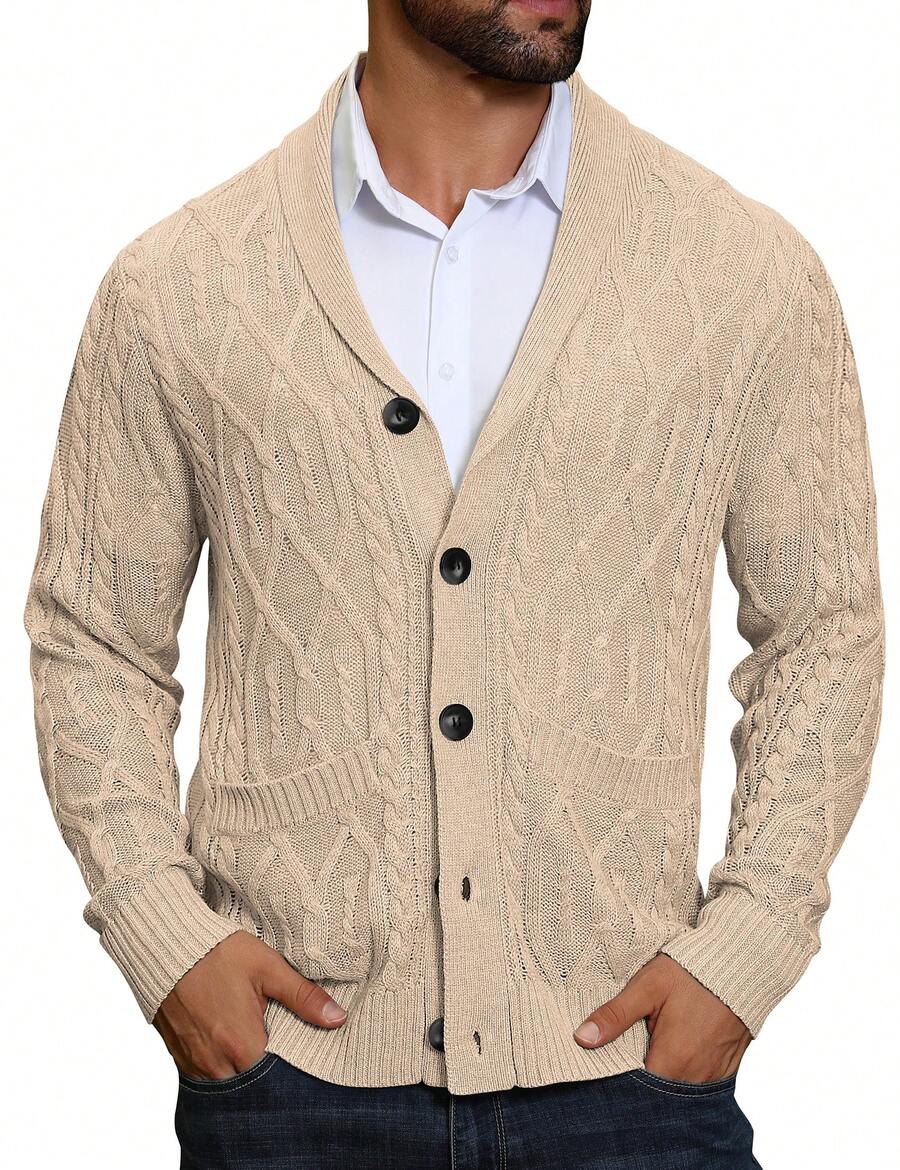 Men's shawl collar slim-fit cardigan in khaki — additional view