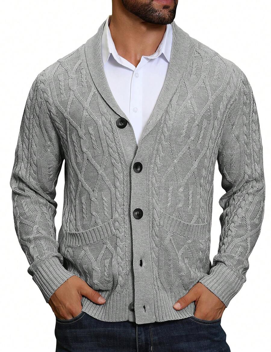 Men's shawl collar slim-fit cardigan in grey