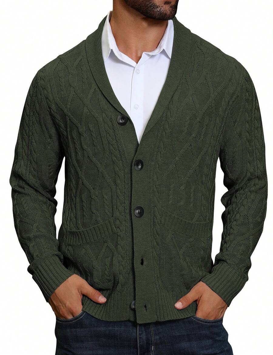 Men's shawl collar slim-fit cardigan in army green — additional view
