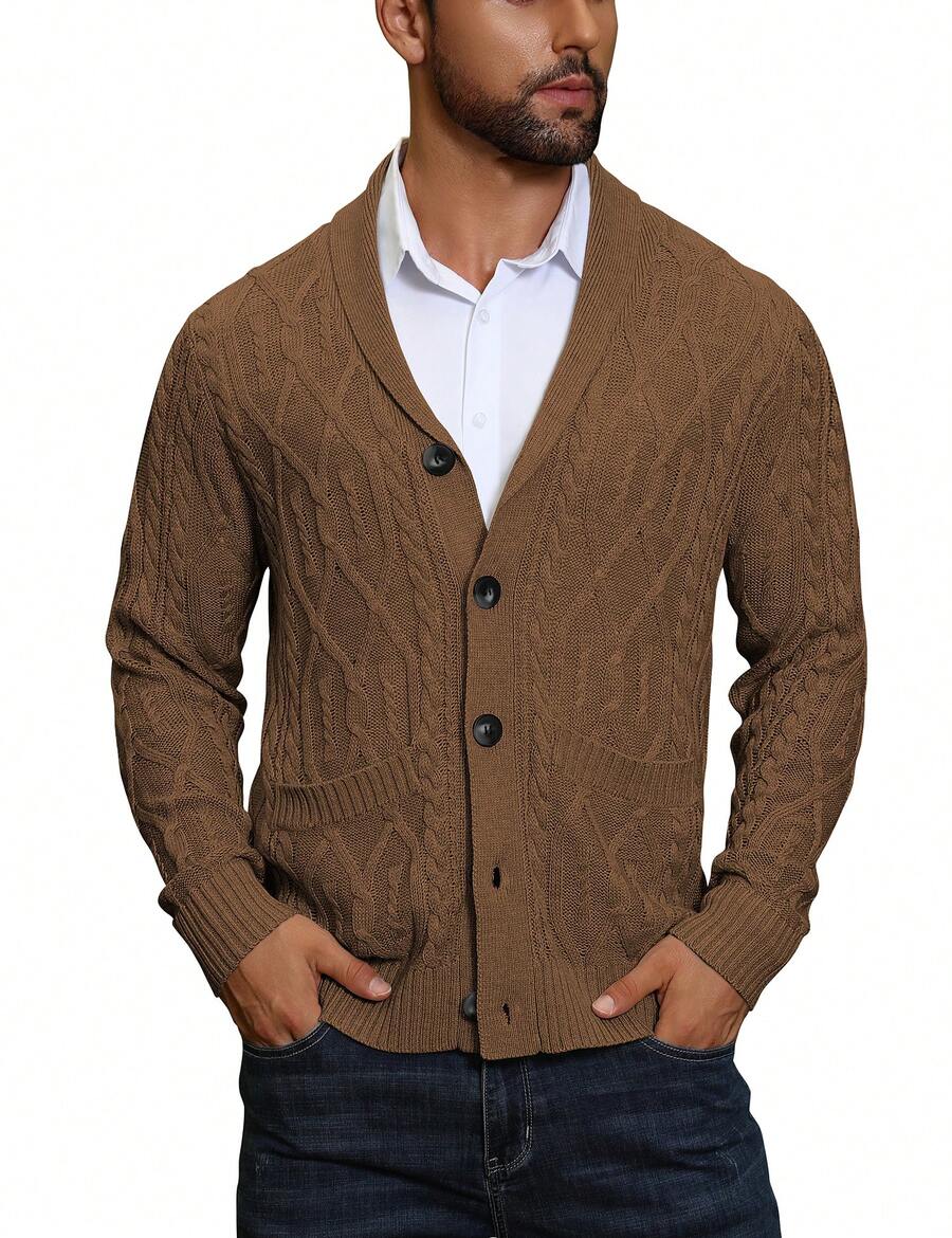 Men's shawl collar slim-fit cardigan in brown — additional view