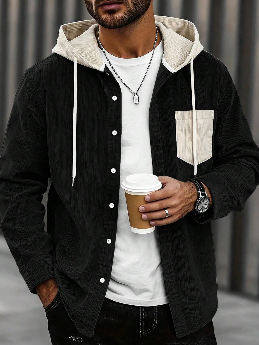 Men's corduroy relaxed-fit hoodie in black