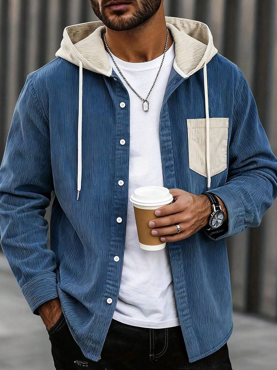 Men's corduroy relaxed-fit hoodie in blue — additional view