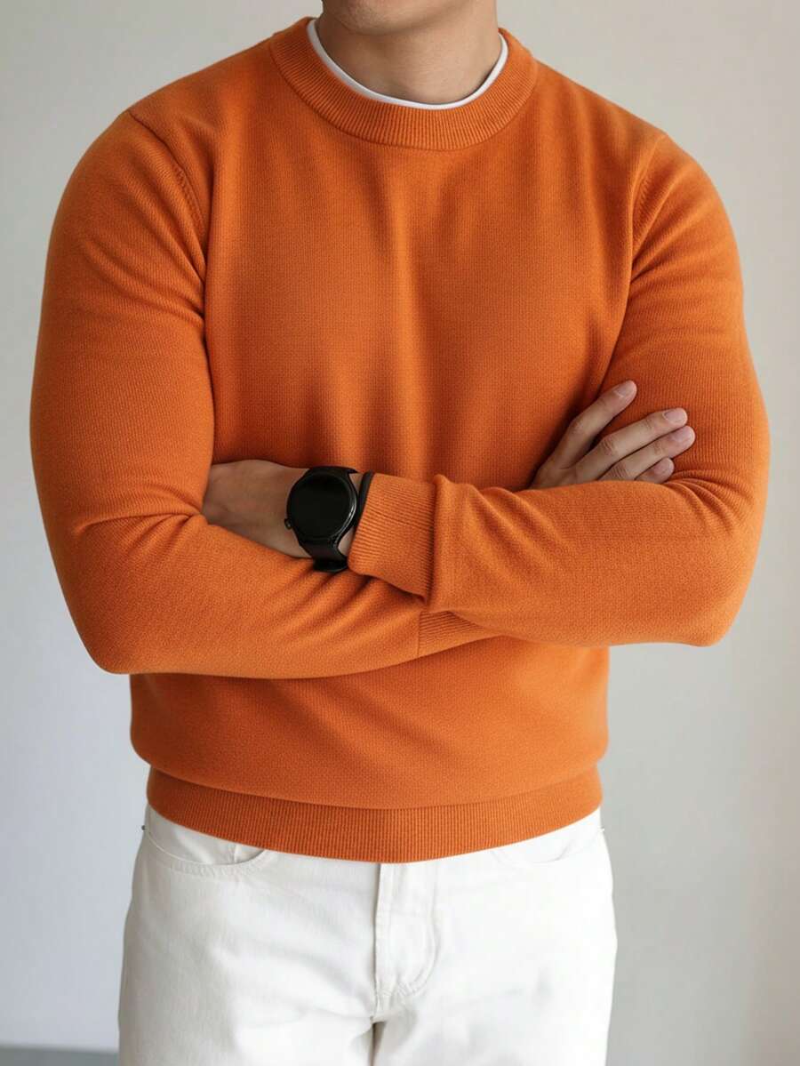 Men's crew neck slim-fit sweater in orange — additional view