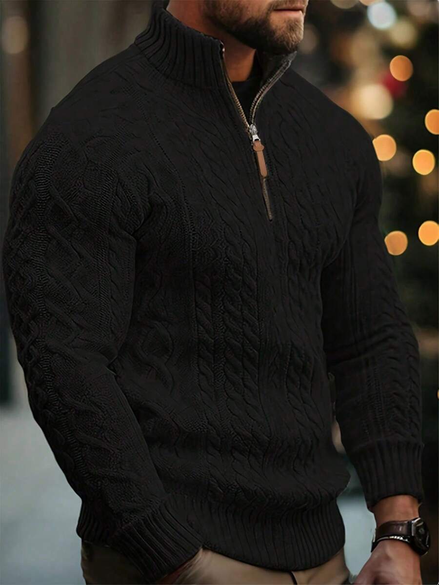 Men's half-zip cable-knit turtleneck sweater in black — additional view