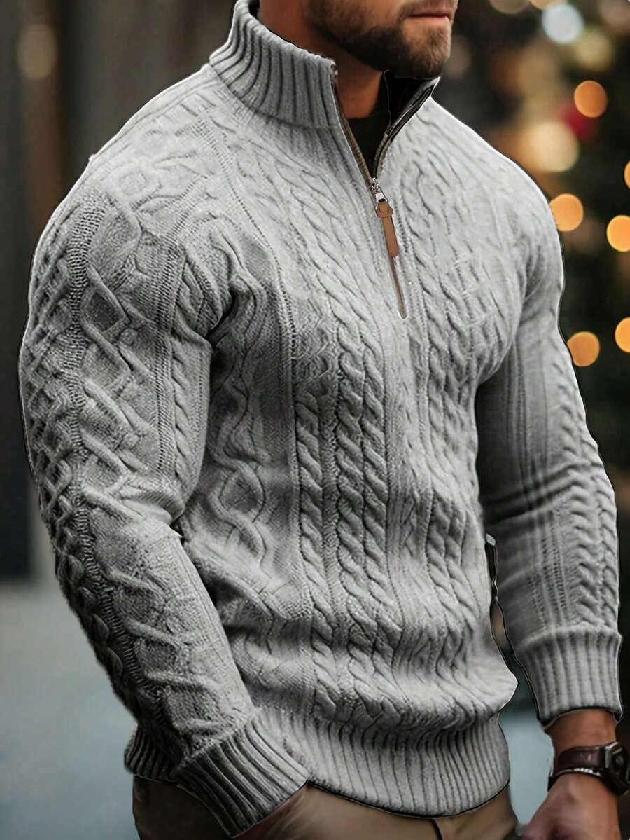 Men's half-zip cable-knit turtleneck sweater in grey — additional view