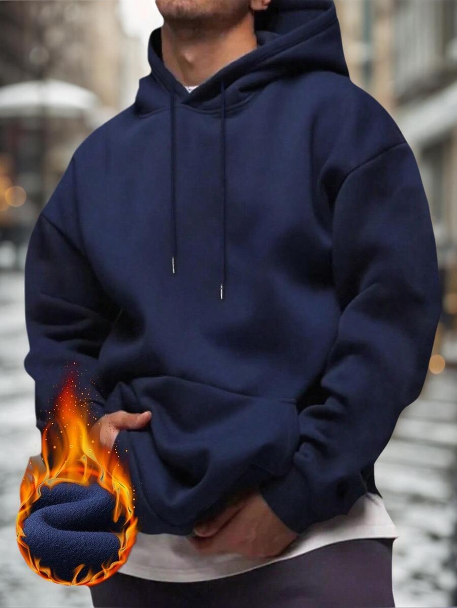 Men's drawstring long sleeve hoodie in navy blue — additional view