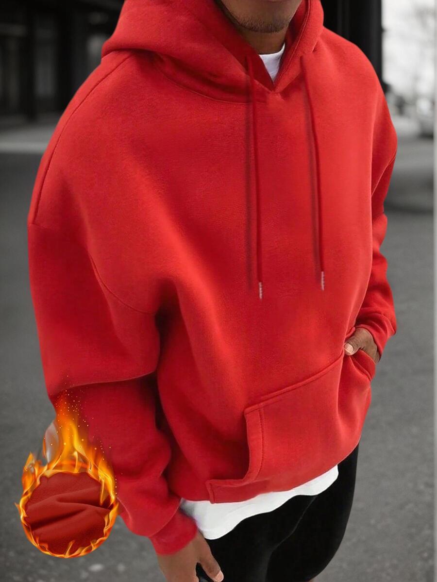 Men's drawstring long sleeve hoodie in red — additional view