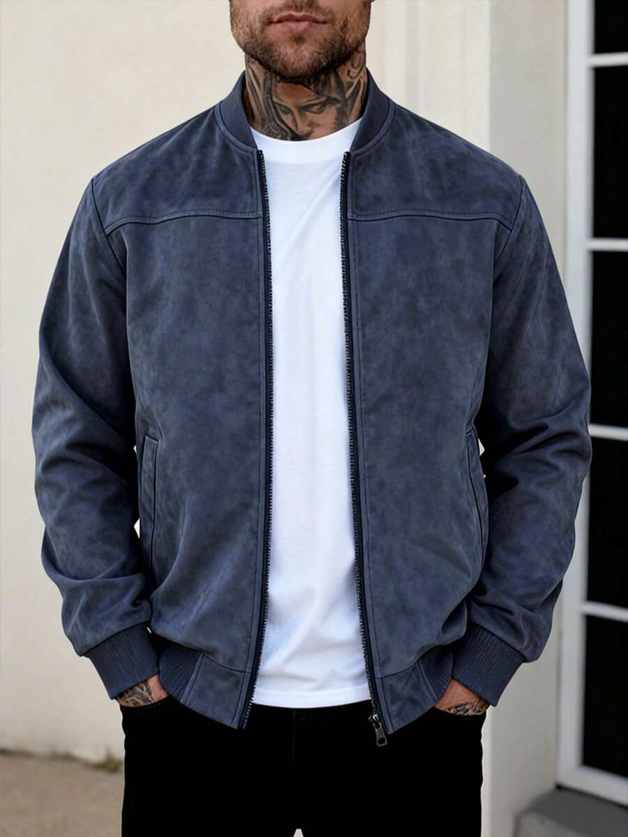 Men's zip-up faux suede bomber jacket in royal blue — additional view