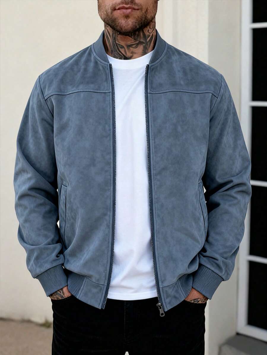 Men's zip-up faux suede bomber jacket in dusty blue