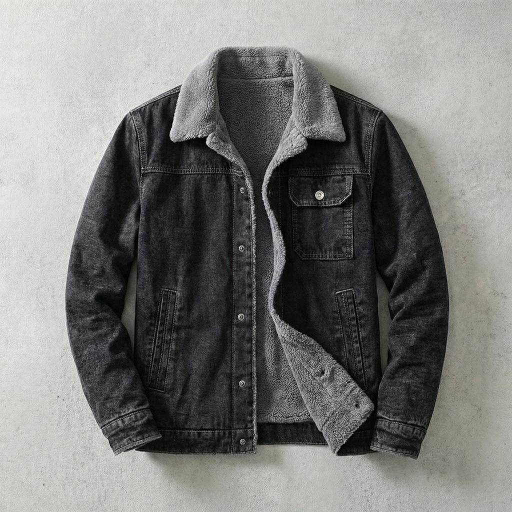 Men's fleece-lined casual denim jacket in black