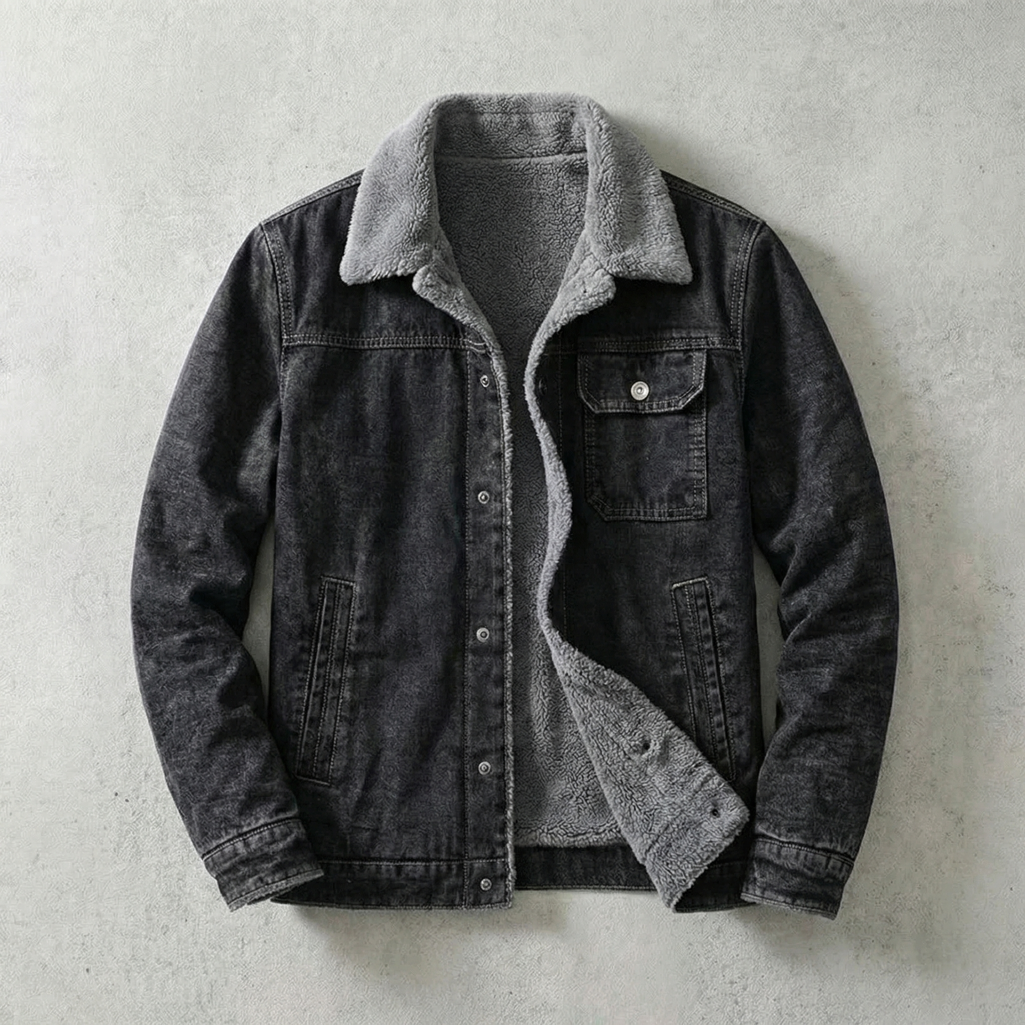 Men's fleece-lined casual denim jacket in black
