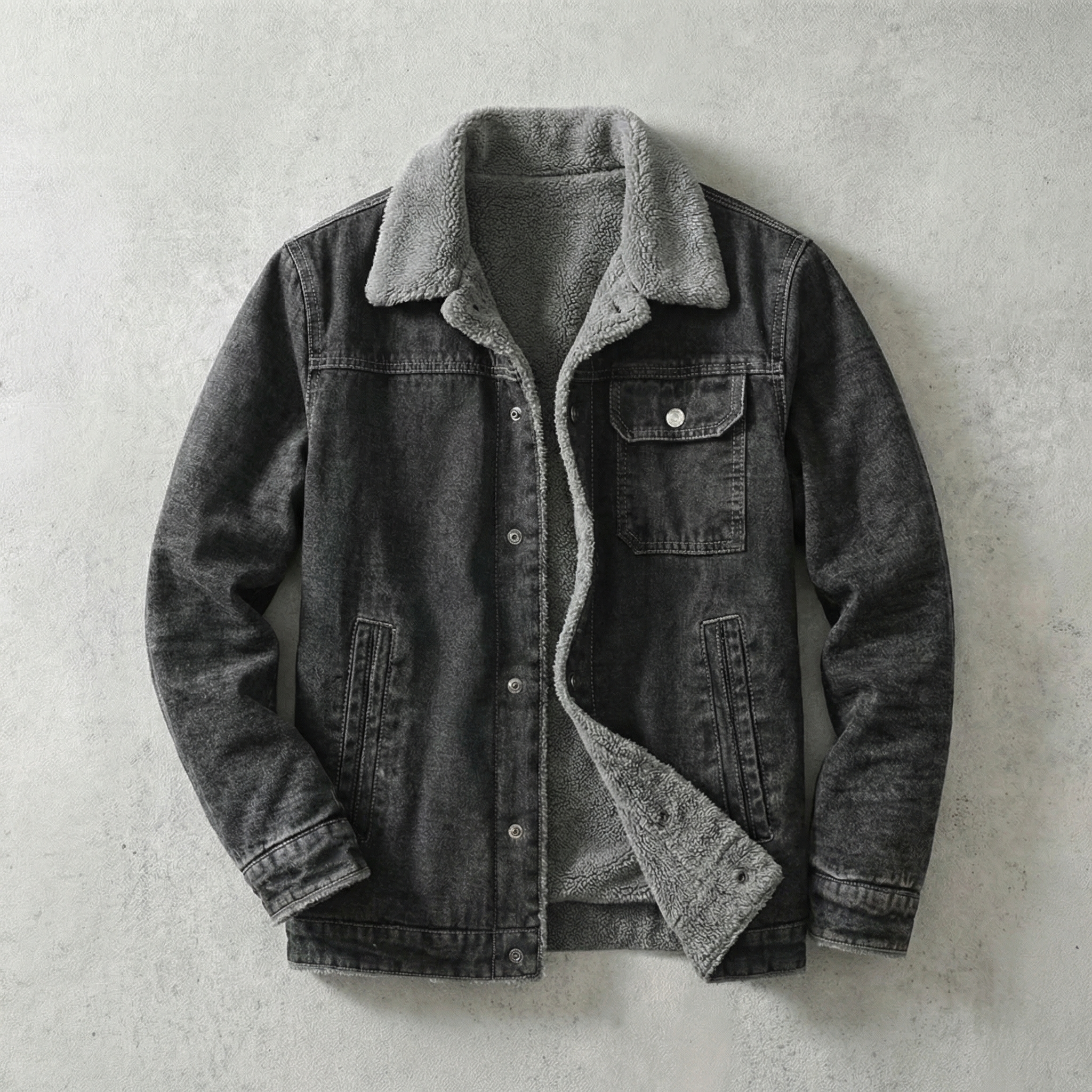 Men's fleece-lined casual denim jacket in gray — detail view