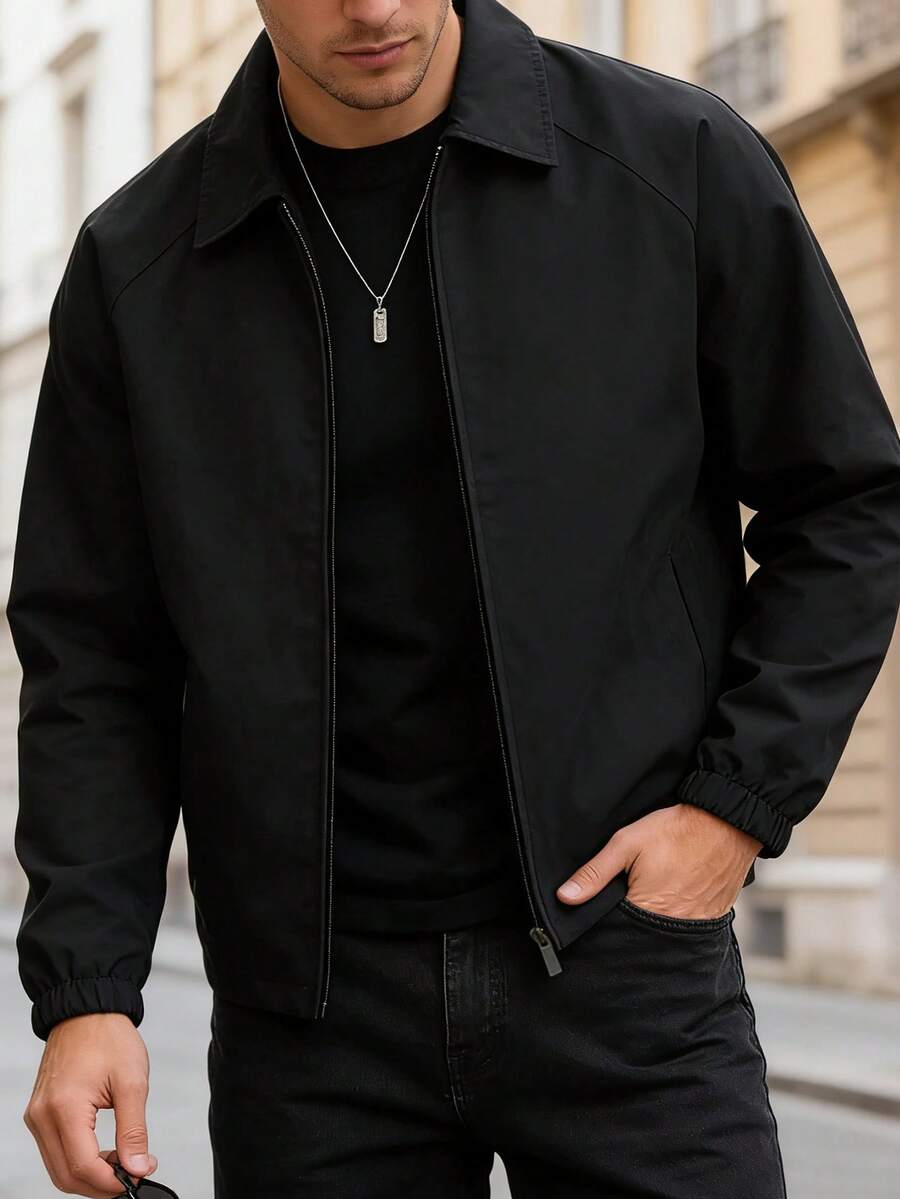 Men's lapel zip coach jacket in black