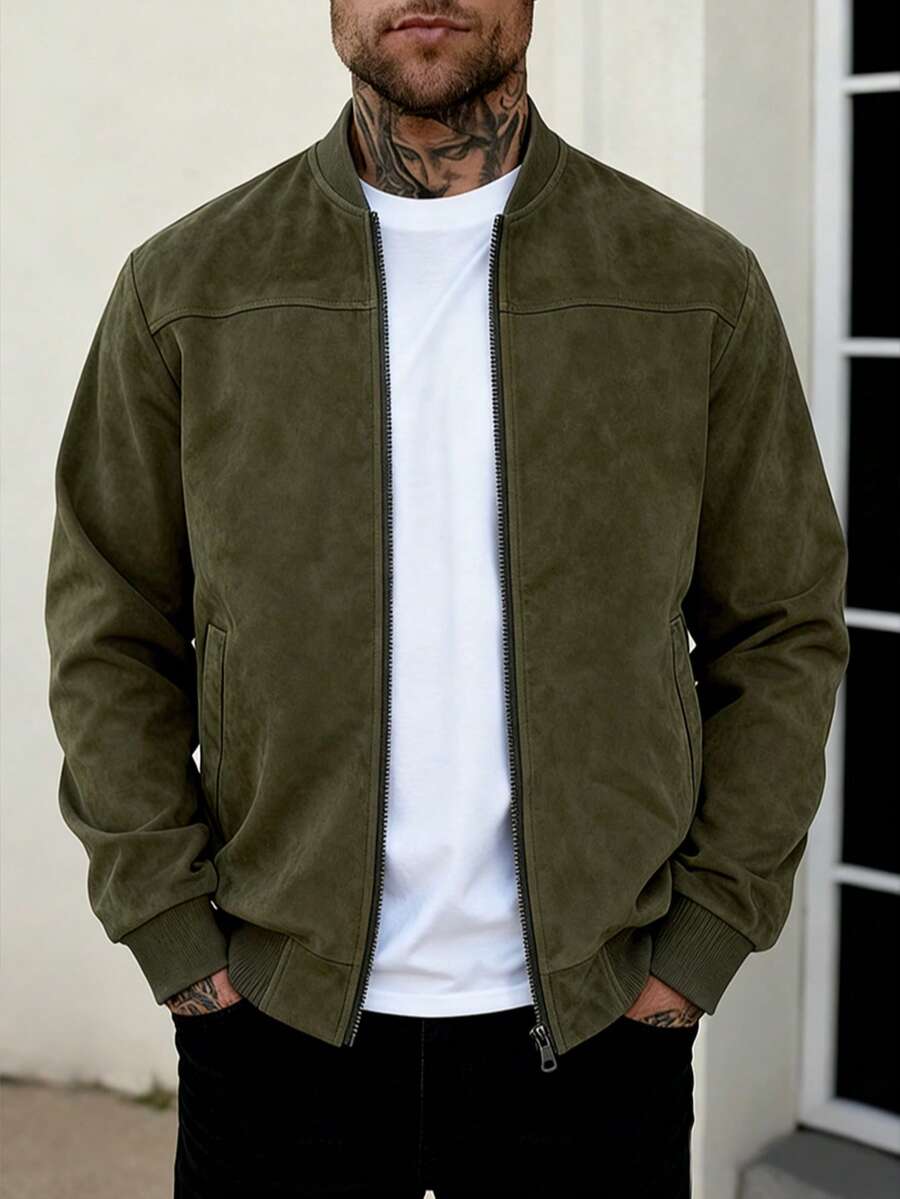 Men's zip-up faux suede bomber jacket in olive green — additional view