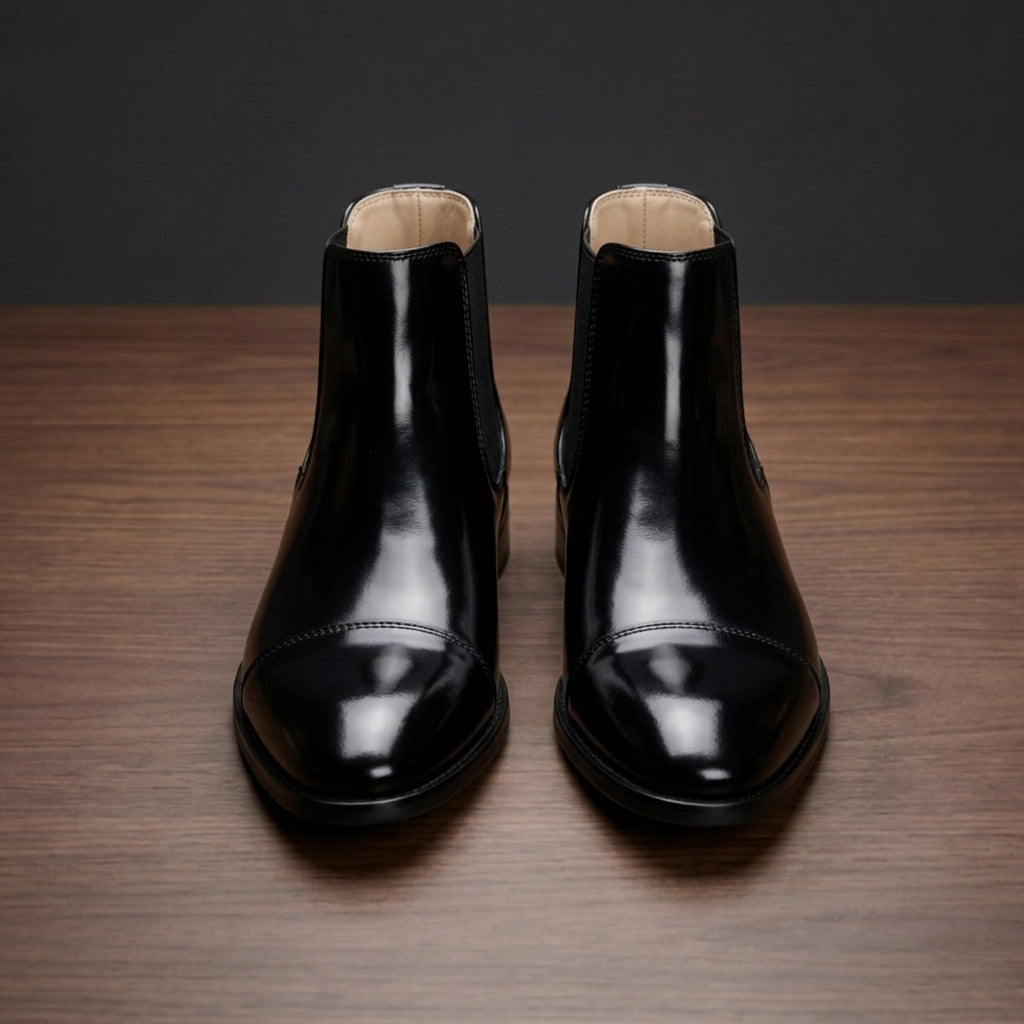 Men's cap toe leather chelsea boots in black