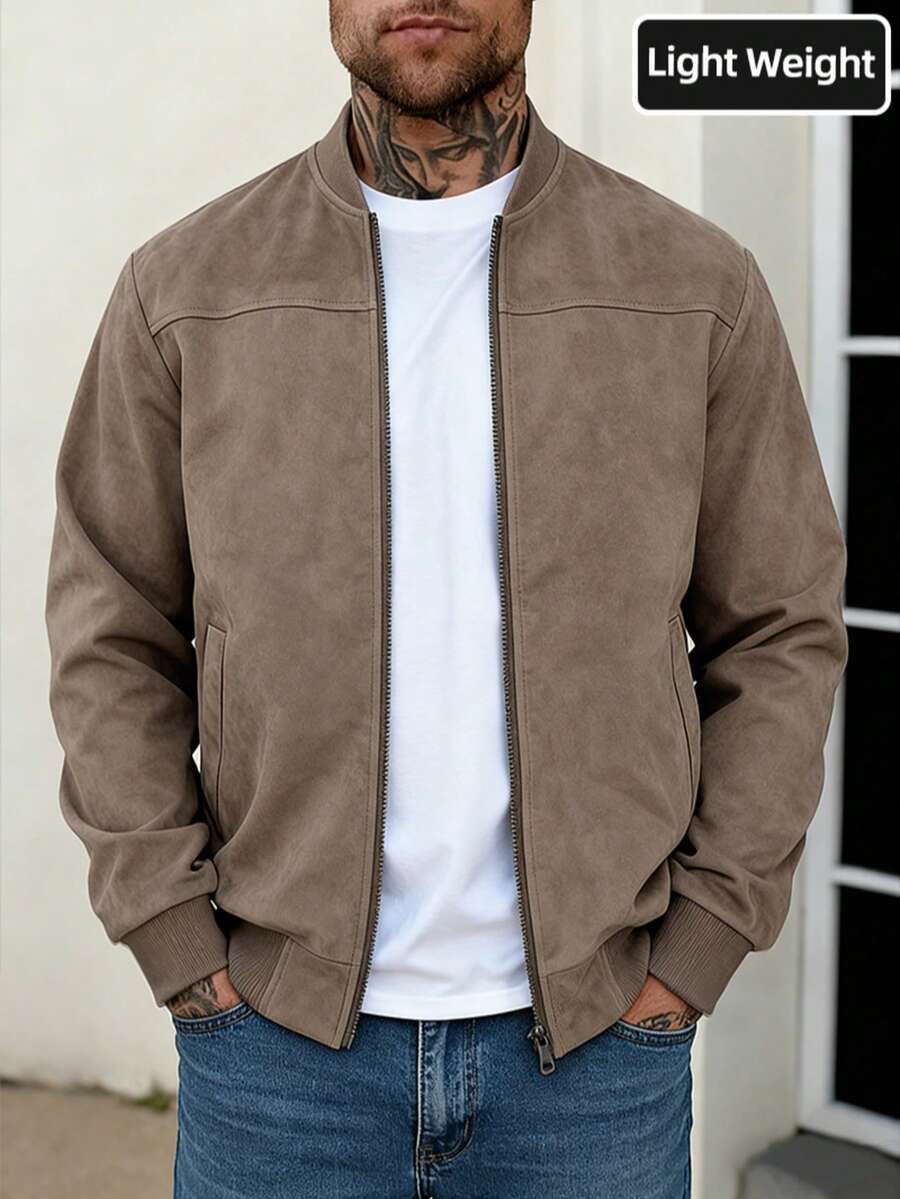 Men's zip-up faux suede bomber jacket in camel — additional view