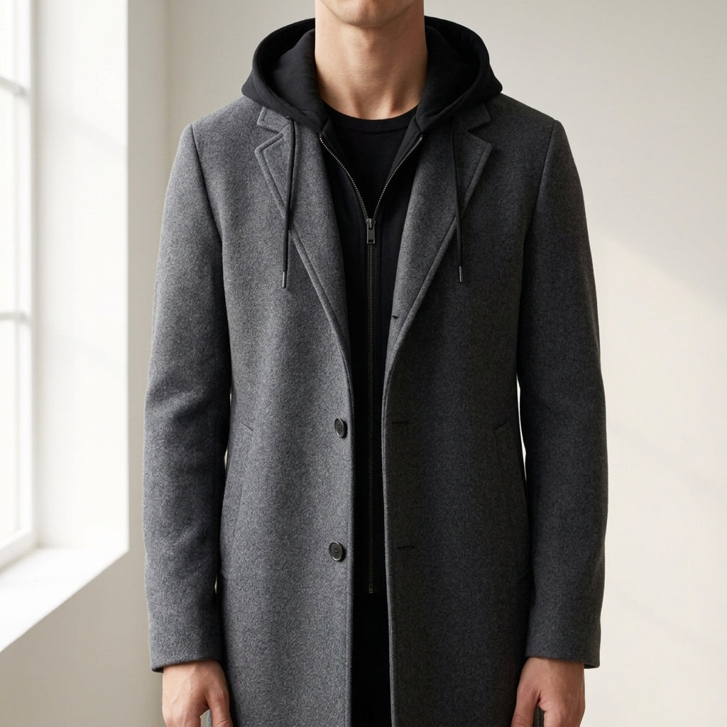 Men's hooded wool winter coat in gray