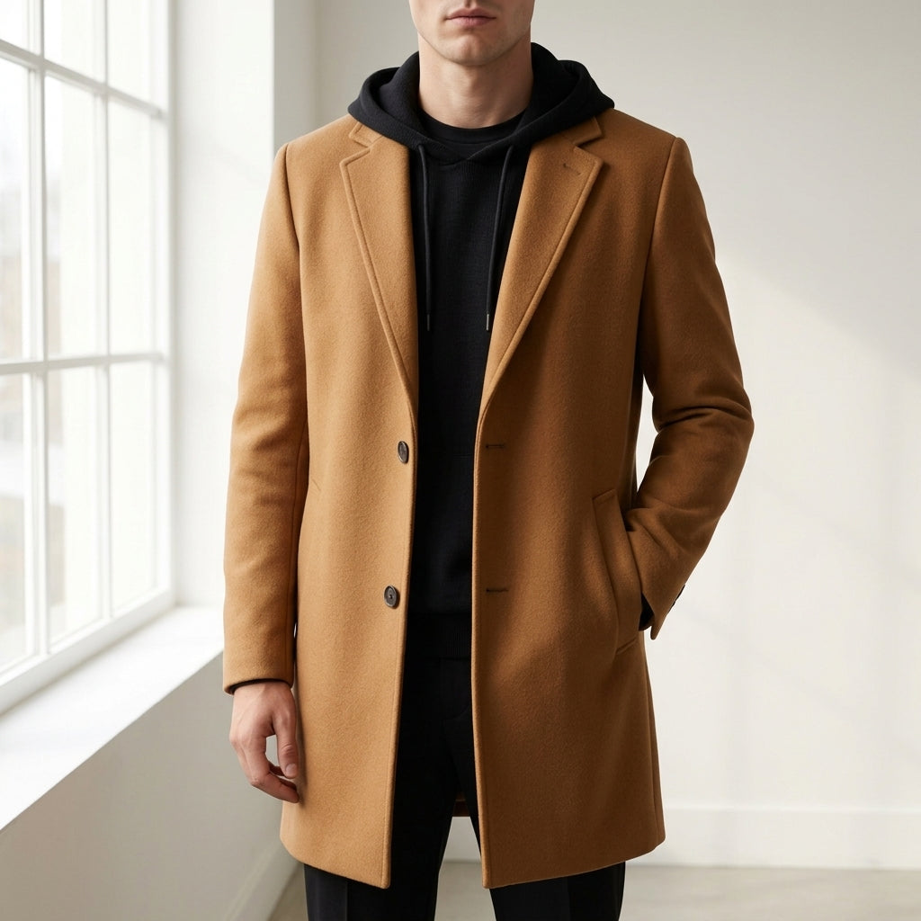 Men's hooded wool winter coat in brown — detail view